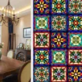 Stained glass window film detail, colorful retro floral pattern, PVC static cling. - BL127