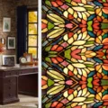 Detailed view of vintage stained glass window film with colorful floral pattern design. - BL120