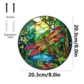 Stained glass dragonfly metal wall art detail showing 20.3cm size and included mounting screws. - Dragonfly (JSTY107)