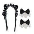 Gothic Lolita kattenoor haarband en polsbandjes set met zwarte strikken en parels. - Set / Zwart