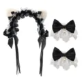 Lolita gothisch zwart wit kattenoor haarband kant strik armbanden set schattige haaraccessoires - Set / Zwart Wit