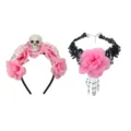 Gotische Halloween roze roos schedel haarband en zwarte kant choker set voor feest - Eén maat / Roze