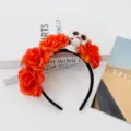 Halloween Totenkopf Blumen Haarreif mit orangen Rosen für Party Kostüm Festival Haar-Accessoire - Tag der Toten - Totenkopf & Blumen Haarband - Rot