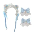 Lolita kattenoor haarband en strik armbanden set, schattige kant hoofdtooi accessoires. - Set / Blauw
