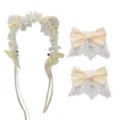 Lolita kattenoren haarband en strikken set, schattige kanten haaraccessoires voor vrouwen. - Set / Broken Wit