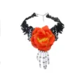 Halloween Gothic Schwarze Spitze Choker Orange Rose Skelett Hand Halskette Schmuck - Tag der Toten - Totenkopf & Blumen Halskette - Rot