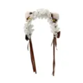 Lolita kattenoor haarband met witte kant, bruine strikken en kleine belletjes voor leuke cosplay. - Hoofdband / Bruin