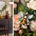 Close-up detail of the colorful stained glass window film featuring elegant floral and bee patterns. - BL136