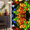 Close-up detail of stained glass window film, showing vibrant floral pattern texture. - BL122