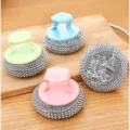 Kitchen cleaning brush set with plastic handle and steel wire ball for dish washing. - [Assembled] Random Color