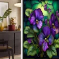 Static cling window film featuring vibrant purple pansies in stained glass style for home decor. - BL138