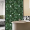 Green retro window glass film detail showing floral hexagonal static cling frosted sticker pattern. - BL105