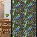 Detailed view of colorful retro static window film, geometric tile pattern, non-adhesive PVC. - BL106