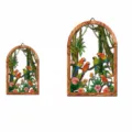 Wooden iron wall art decor featuring tropical parrot arch hanging in M and L sizes spec chart - MZ-JSTY1011