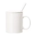 Simple white ceramic coffee mug with lid and spoon, ideal for office tea and daily use. - 301-400ml / Glossy White with Lid & Spoon