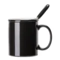 Simple black ceramic coffee mug with lid and spoon, perfect for office and home daily use. - 301-400ml / Glossy Black with Lid & Spoon