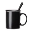Simple black ceramic coffee mug with lid and spoon, ideal for office and daily tea use. - 301-400ml / Matte Black with Lid & Spoon