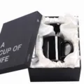 Black ceramic coffee mug with spoon in elegant gift box set, glossy finish office drinkware. - 301-400ml / Glossy Black with Gift Box