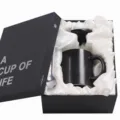 Black ceramic coffee mug gift set with lid and spoon in luxury box, elegant business present. - 301-400ml / Matte Black with Gift Box