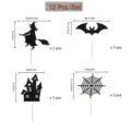 Halloween cake toppers black glitter witch bat castle spiderweb party decorations set 12pcs - 12 Pieces/Pack / Glitter Black