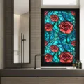 Film pour fenêtre rose vitrail vue de détail, autocollant en verre floral statique. - BL160