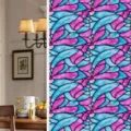 Stained glass window film detail showing colorful retro floral pattern and interior room context. - BL123