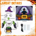 Vista detallada de decoración de maletero de Halloween con sombrero de bruja y medidas. - Con 10m de cinta negra + pegamento acrílico redondo / Conjunto