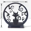 Detailed view of black wooden hollowed cat Halloween desktop decoration with dimensions. - MZ812 / Without Light (KT Board Packaging)