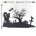 Halloween wooden silhouette table decoration, spooky graveyard sign with tree, coffin and pumpkins. - MZ829