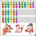 Close-up details of Christmas magnetic reflective bulb, snowman and Santa Claus stickers. - 48 Bulbs + 36 Wires / Magnetic Reflective Set