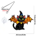 Detailed view of the stained glass bat cat hanging ornament with chain and suction cup. - Style YGTYU546 (Witch Hat Black Cat)