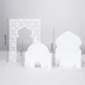 Detail view of white Islamic architecture table decorations, mosque arch ornament stand set. - Double-Layer KT Board Packaging / White