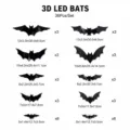3D LED bat wall stickers size chart showing dimensions and set quantities for Halloween party decor. - Set of 36 / OPP Bag Packaging