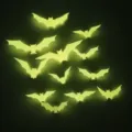 Halloween 3D glowing bat wall stickers detail view, fluorescent neon wall decor. - 12-Piece Set / Yellow