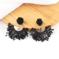 Handmade black beaded tassel earrings detail, elegant fan shape design with gold accent. - Black (No.5)