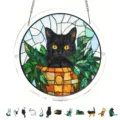 Stained glass black cat acrylic suncatcher window hanging plaque with metal chain. - PT-TYU217: (Includes S-Shaped Iron Chain Hook + Suction Cup Hook)