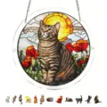 Stained glass tabby cat acrylic suncatcher window hanging with chains and charms. - PT-TYU213: (With S-Shaped Chain Hook + Suction Cup Hook)