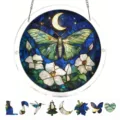Detailed view of round acrylic stained glass suncatcher with moth and floral patterns. - PT-TYU012