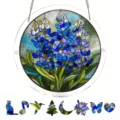 Acrylic stained glass suncatcher round window hanging decor with blue floral puzzle pieces. - PT-TYU007