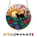 Stained glass cat suncatcher detail, acrylic hanging window decor with colorful landscape art. - PT-TYU204: (with S-shaped Iron Chain Hooks & Suction Cup Hooks)