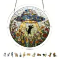 Stained glass acrylic cat suncatcher pendant, UFO abduction design, window hanging decoration. - PT-TYU215: (with S-shaped Iron Chain Hooks & Suction Cup Hooks)
