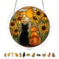 Detailed view of the stained glass acrylic cat suncatcher with sunflower design and chain. - PT-TYU209: (with S-shaped Iron Chain Hooks & Suction Cup Hooks)