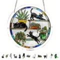 Round acrylic stained glass suncatcher featuring cute black cats and potted plants for window. - PT-TYU224: (with S-Shaped Iron Chain Hook + Suction Cup Hook)
