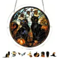 Halloween Buntglas Acryl Katzen Sonnenfänger Hängeornament mit Kürbis und Herbstblättern. - Größe S / Halloween Stil