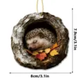 Acrylic hedgehog tree hole hanging ornament with autumn leaves and gold string decor item. - Hedgehog in Tree Hole