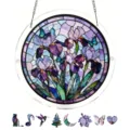 Acrylic suncatcher window hanging with purple iris and butterfly pattern, stained glass style. - PT-TYU018