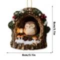 Detailed close-up view of the cute winter owl inside tree stump acrylic hanging decor item. - Christmas Owl