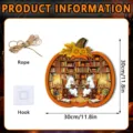 Halloween wooden pumpkin ghost sign with library scene, 30cm decorative wall hanging. - FGGP043 / With Hook and Wood Stand