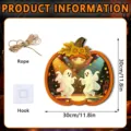 Halloween pumpkin ghost wooden hanging sign detail view with rope and hook size 30cm - FGGP045 / With Hook and Wood Stand