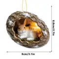 Resin tree trunk rabbit hanging ornament with warm light and mini pine cone moss decor 6.8x8cm - LED Rabbit